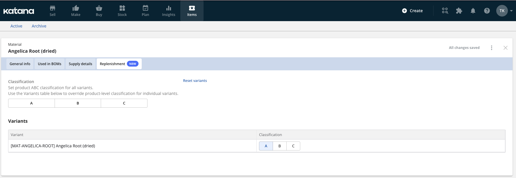 Katana item edit page on the Replenishment tab with A / B / C classification buttons