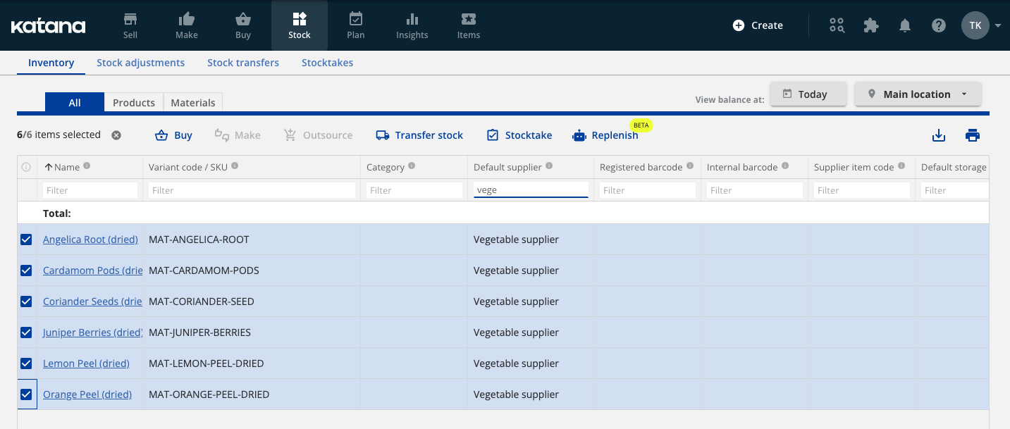 Katana Stock → Inventory page with multiple items selected and the Replenish BETA button highlighted